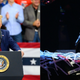 (L-R): U.S. President Donald Trump speaks on stage during a campaign rally on October 10, 2019 in Minneapolis, Minnesota. ; Prince performs on stage at the 36th NAACP Image Awards on March 19, 2005 in Los Angeles, California.